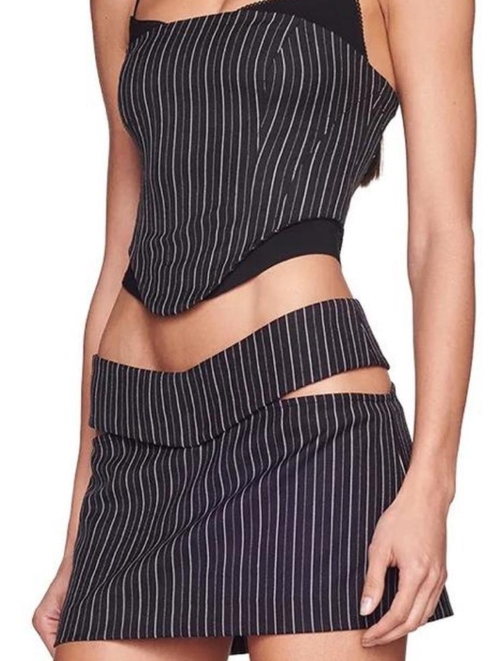 I.AM.GIA Black Pinstripe Cutout Mini Skirt